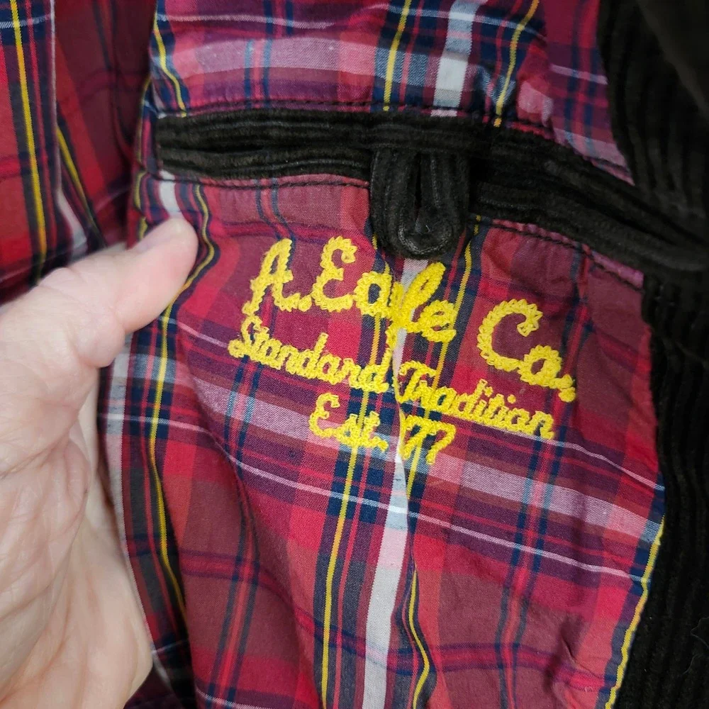 American Eagle‎ Mens XL Brown Corduroy Blazer Elbow Patches Plaid Lining Jacket